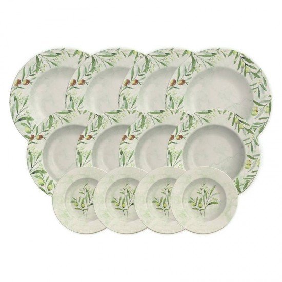 JOGO DE PRATOS TRAMONTINA OLIVA EM PORCELANA DECORADA 12 PEÇAS