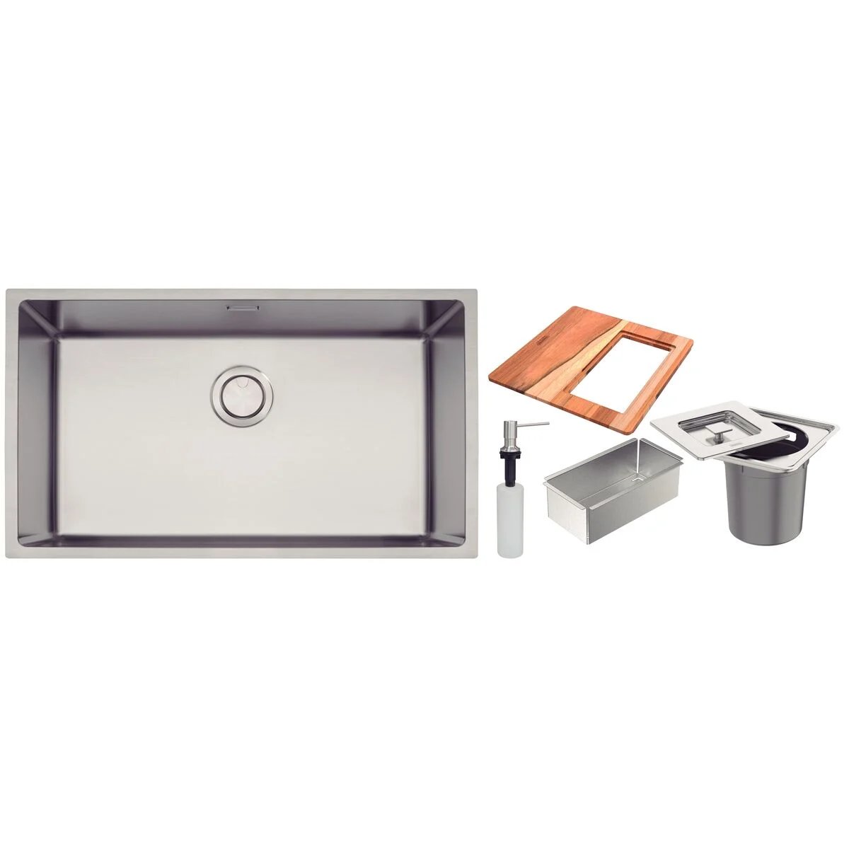 CUBA SOBREPOR DESIGN COLLECTION QUADRUM AÇO INOX 70X40 DOSADOR SABAO, TABUA, CES E LIXEITRAMONTINA