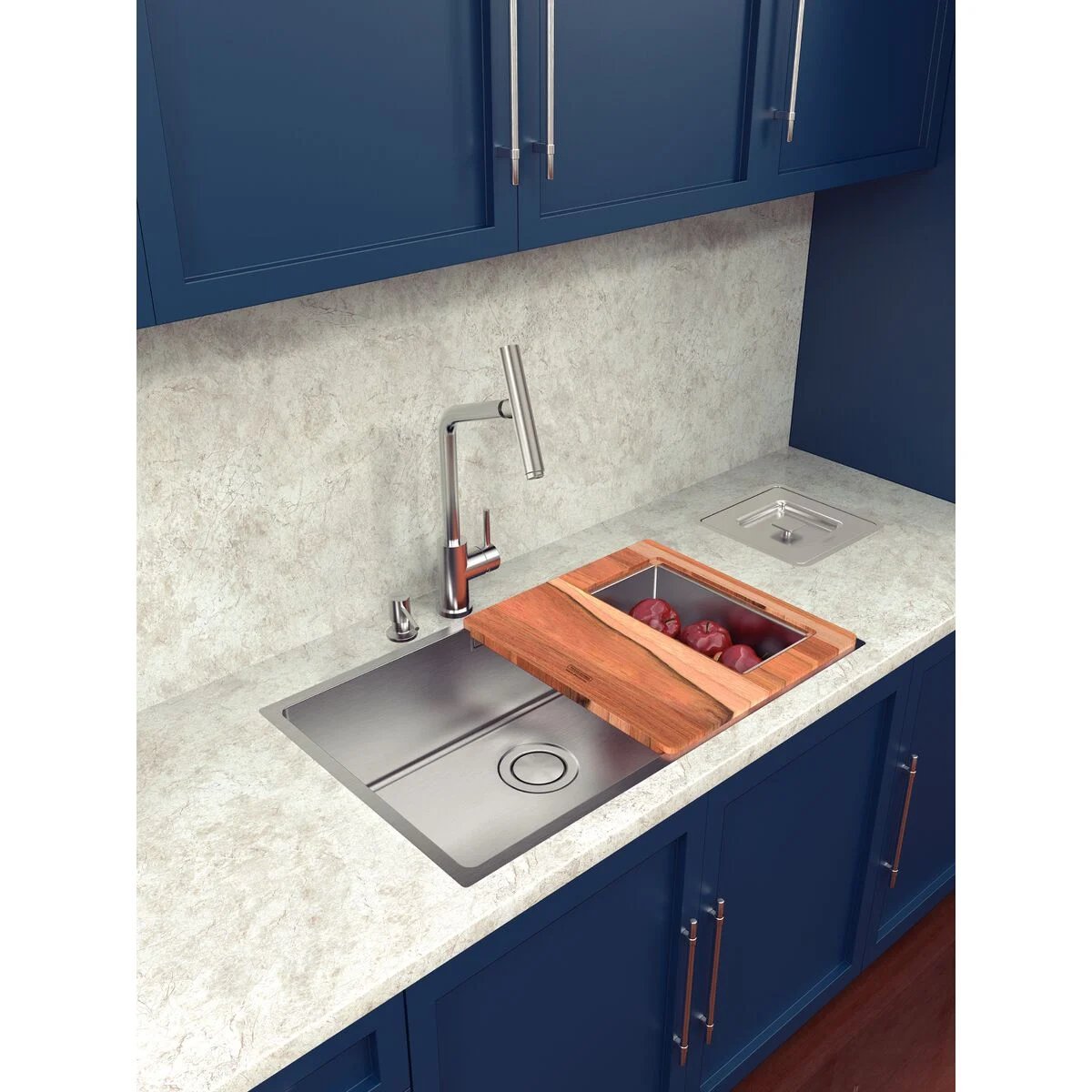 CUBA SOBREPOR DESIGN COLLECTION QUADRUM AÇO INOX 70X40 DOSADOR SABAO, TABUA, CES E LIXEITRAMONTINA